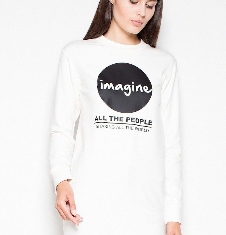 Дамски пуловер  бежов - памук - оригинален принт - дълъг ръкав Venaton