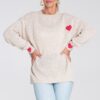 Дамски пуловер - бежов - плетен - червени сърца - свободна кройка Figl