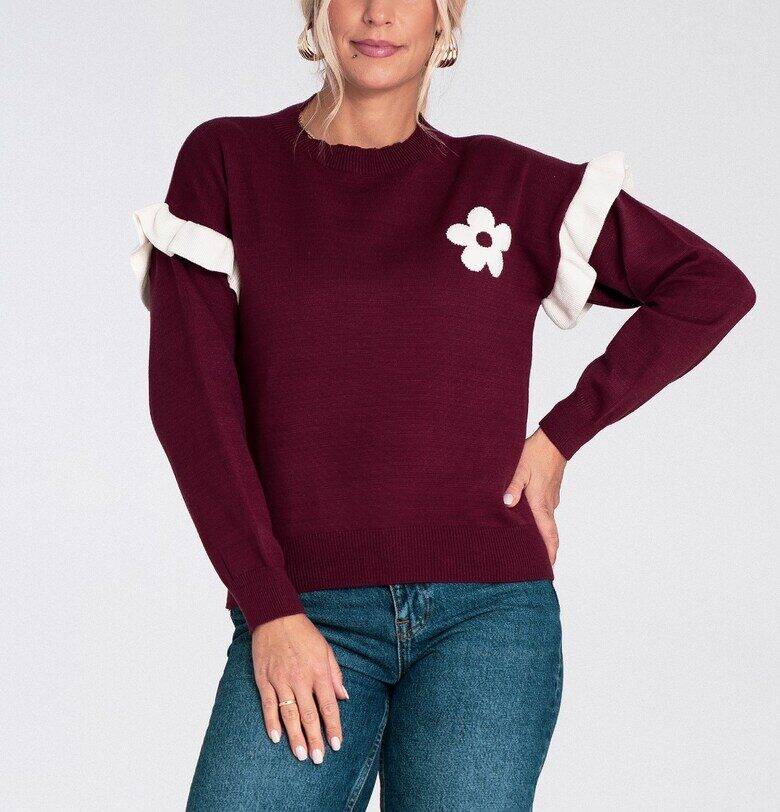Дамски пуловер  бордо - плетен - с волани и флорална апликация - ежедневен вискозен Figl