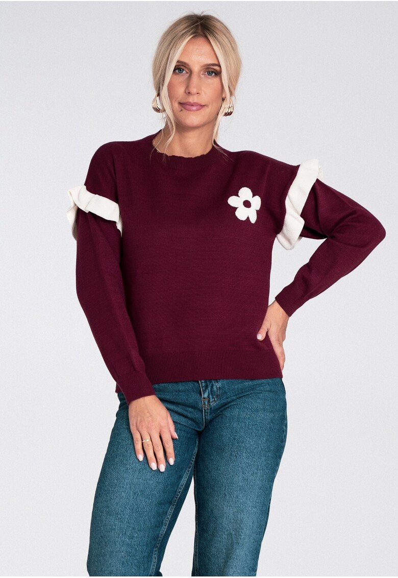 Дамски пуловер бордо - плетен - с волани и флорална апликация - ежедневен вискозен Figl