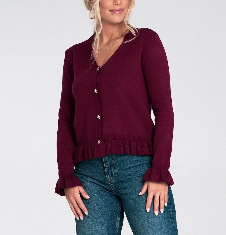 Дамски пуловер -  бордо - с волани и копчета - мека вискозна плетка Figl