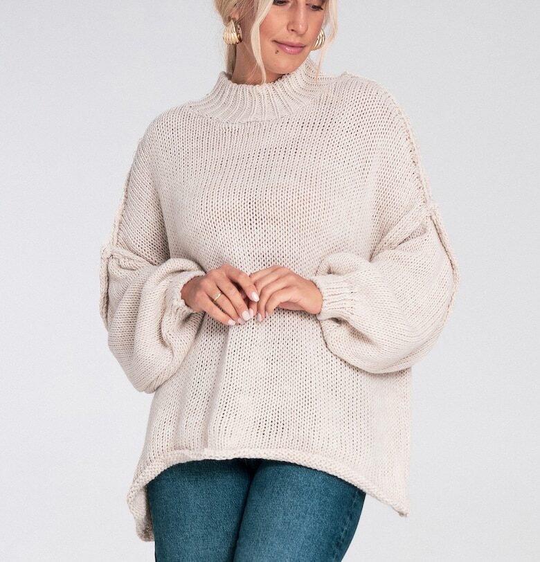 Дамски пуловер -  висока яка - плътен - бежов полиестер Figl