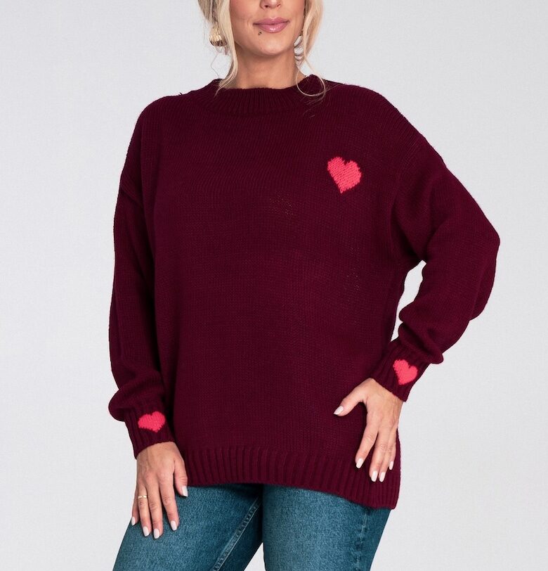 Дамски пуловер -  едро плетиво - тъмночервен Figl