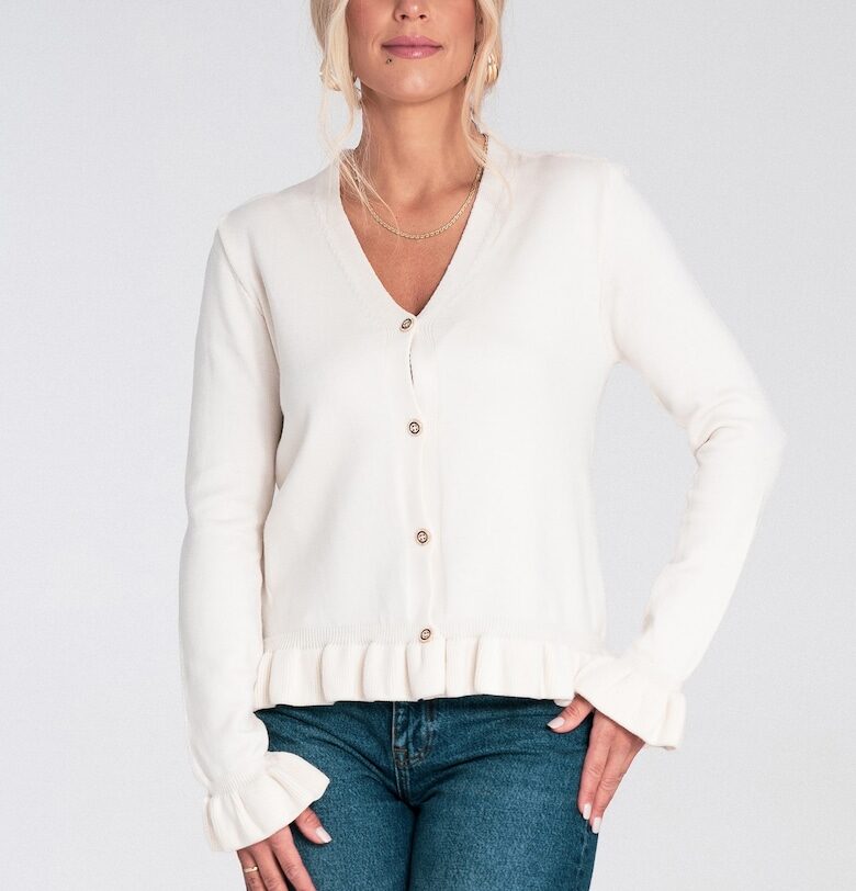 Дамски пуловер -  екрю - волани - V-образно деколте - мека вискозна плетка Figl