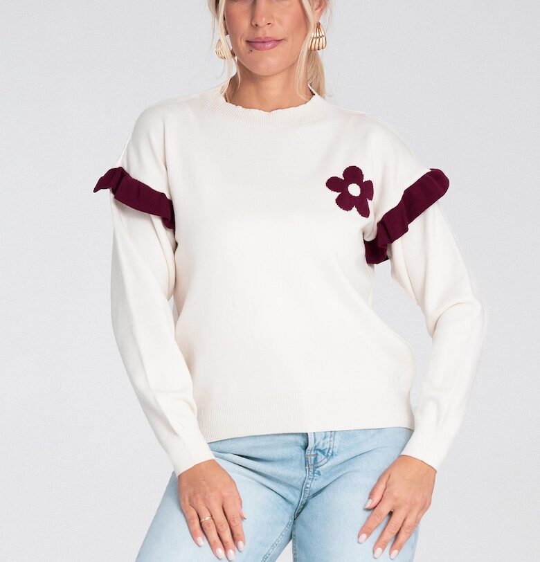 Дамски пуловер  екрю с волани и флорални апликации - плетена вискоза Figl