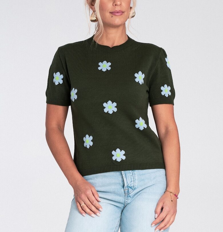 Дамски пуловер -  зелен - с къс ръкав - розов флорален десен - вискозен трикотаж Figl