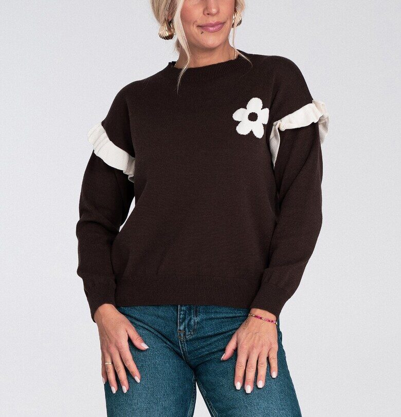 Дамски пуловер  кафяв - с волани и флорална апликация - плетена вискоза Figl