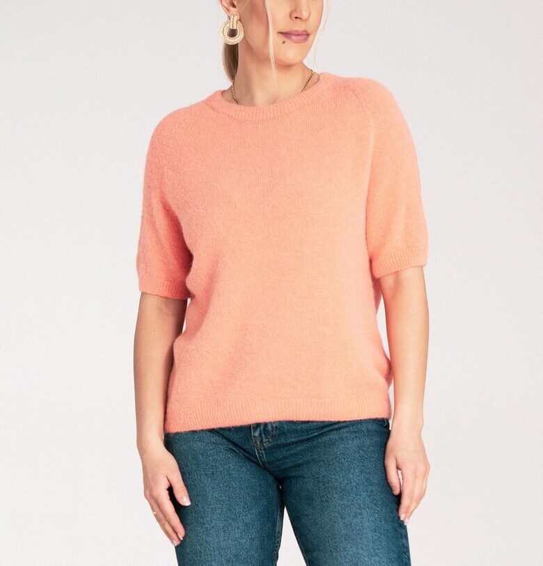 Дамски пуловер -  коралов цвят - мека плетка - къс ръкав - кръгло деколте - SM Figl