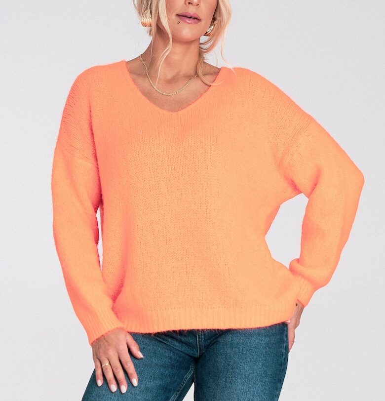 Дамски пуловер -  овърсайз - V-образно деколте - оранжев - лека материя - акрил Figl