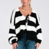 Дамски пуловер -  плетен - райе - черно бял - акрил Figl