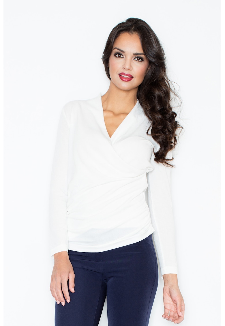 Дамски пуловер - плик - екрю - плетен материал - дълъг ръкав - Figl