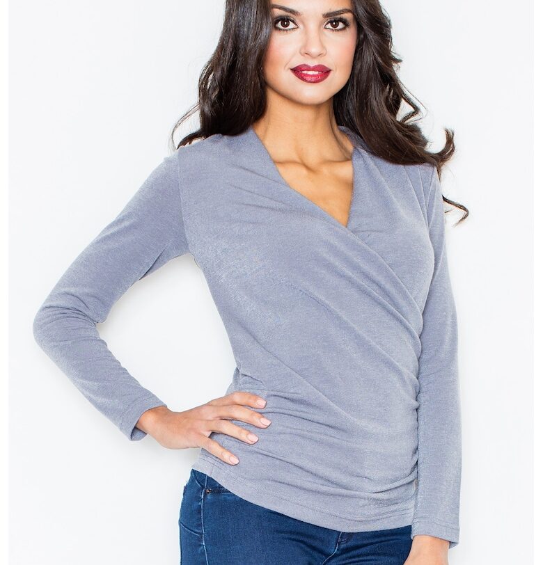 Дамски пуловер -  плик - сив - плетен материал - Figl