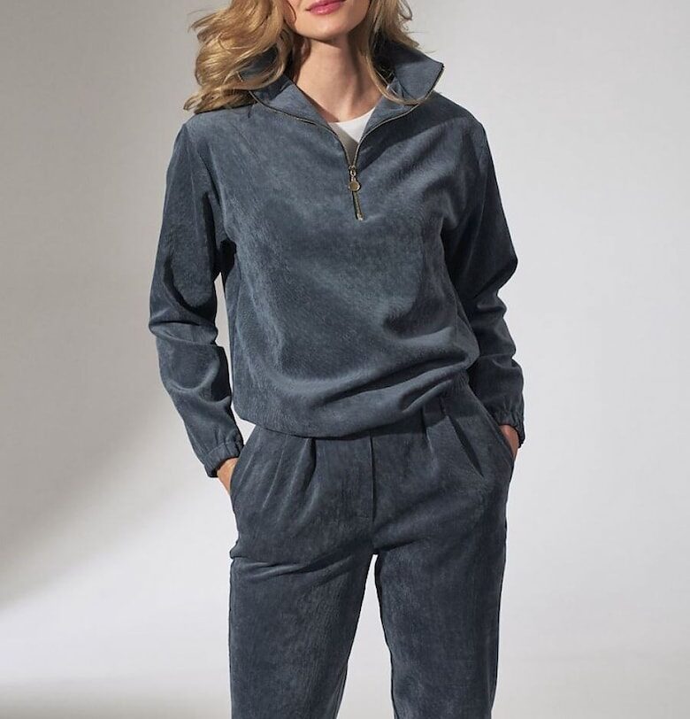 Дамски пуловер  син - полиестер - кадифена яка - дълъг ръкав - ластик Figl