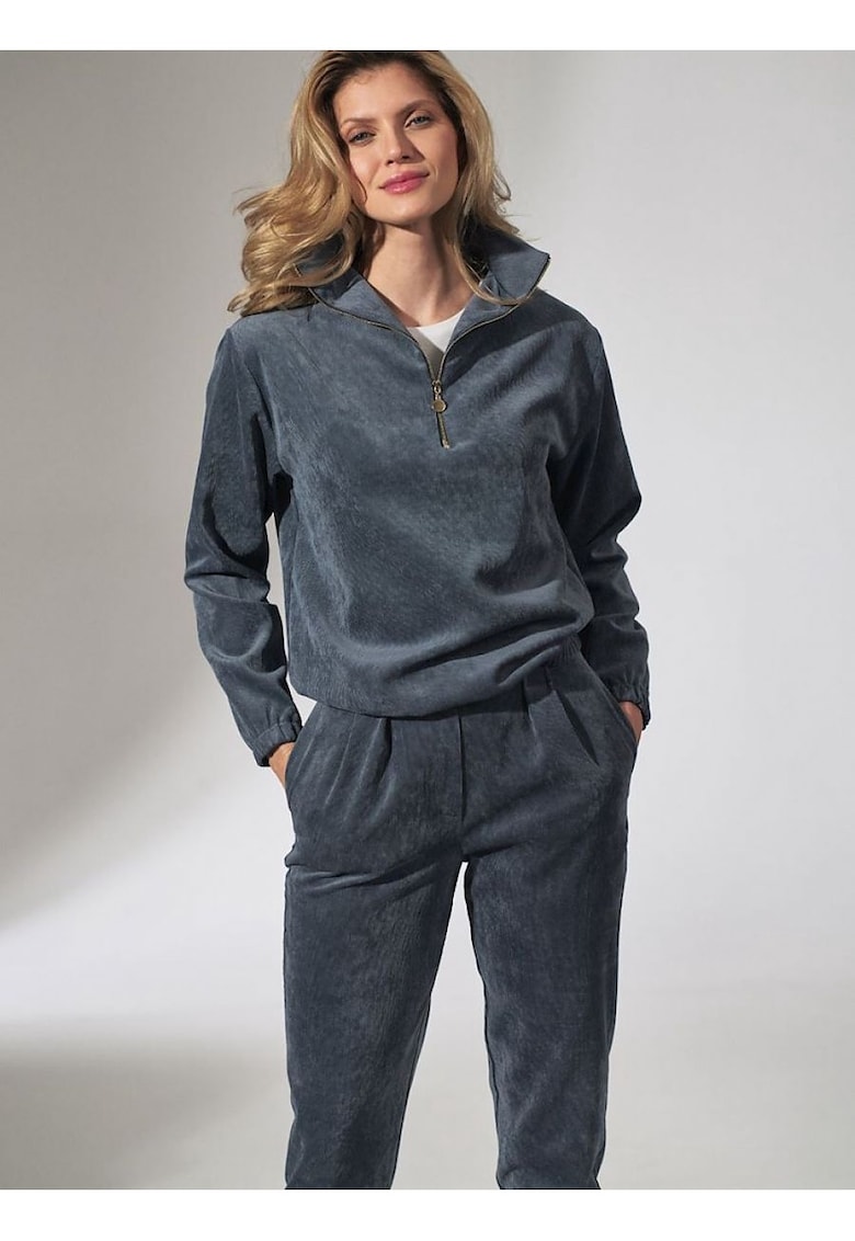 Дамски пуловер син - полиестер - кадифена яка - дълъг ръкав - ластик Figl