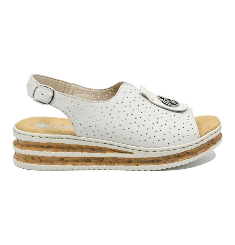 Дамски сандали  на танкетка - бели - с декоративно лого с медальон RIK62902-80 Rieker