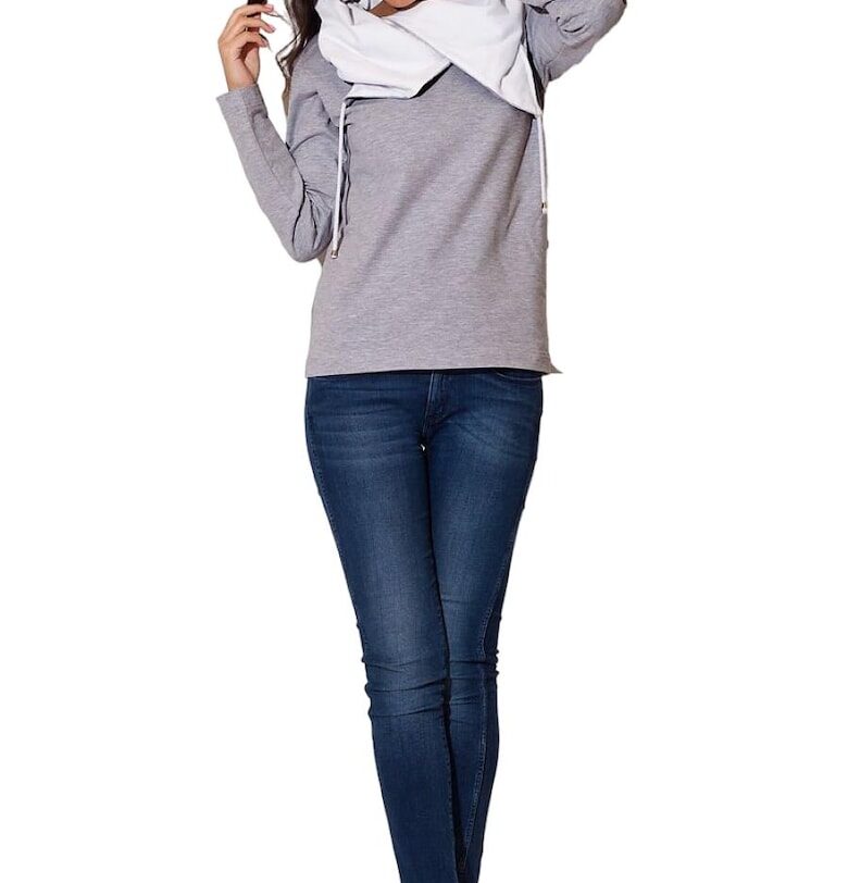 Дамски суичър  дълъг ръкав - с качулка - памук/еластан - сив - KATRUS