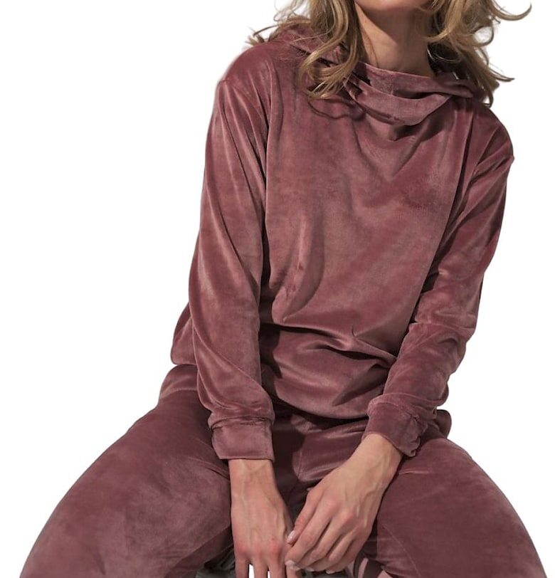 Дамски суичър  розов - велурен - с качулка - дълъг ръкав - висока яка Figl