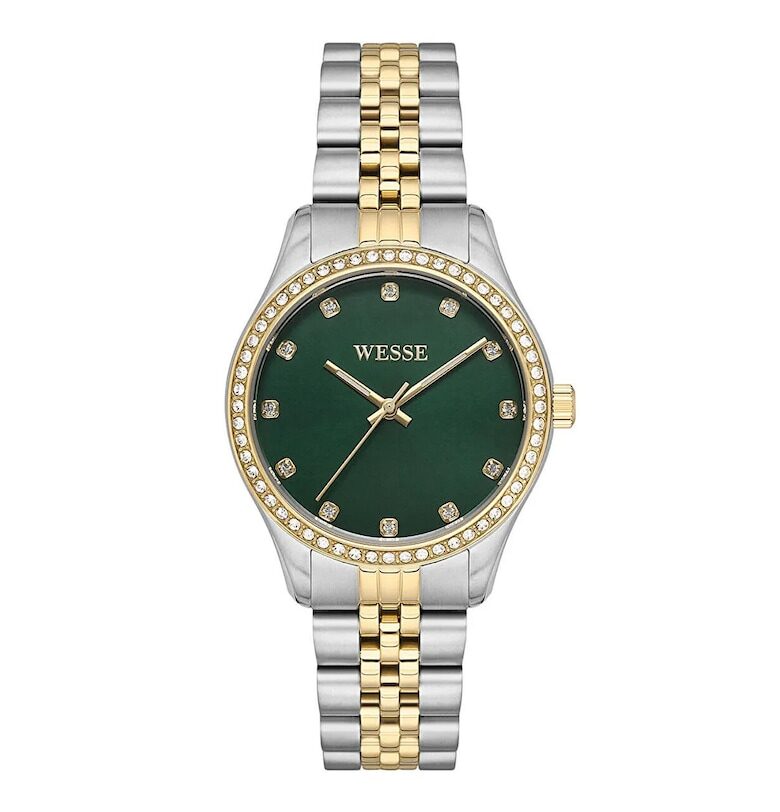 Дамски часовник  34 мм - стомана - водоустойчив 5 ATM - сребрист/златист - зелен циферблат Wesse