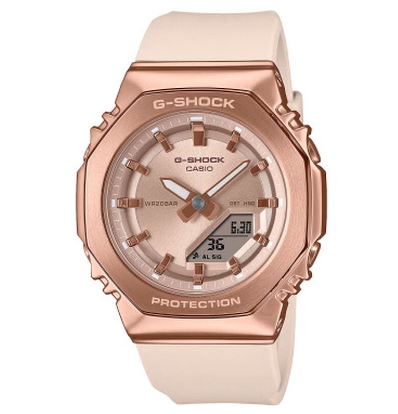 Дамски часовник  G-SHOCK - пластмаса/каучук - бежов/розово-златист - 41мм - водоустойчив 200м Casio