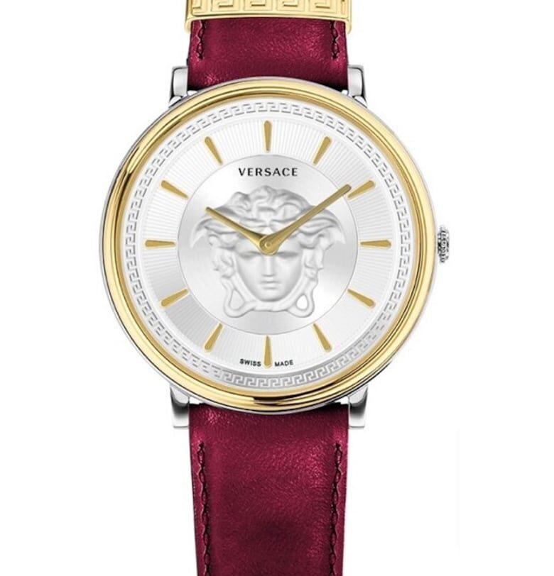 Дамски часовник  V-Circle - неръждаема стомана/кожа - 38 мм - водоустойчивост 5 ATM - червен/златист Versace