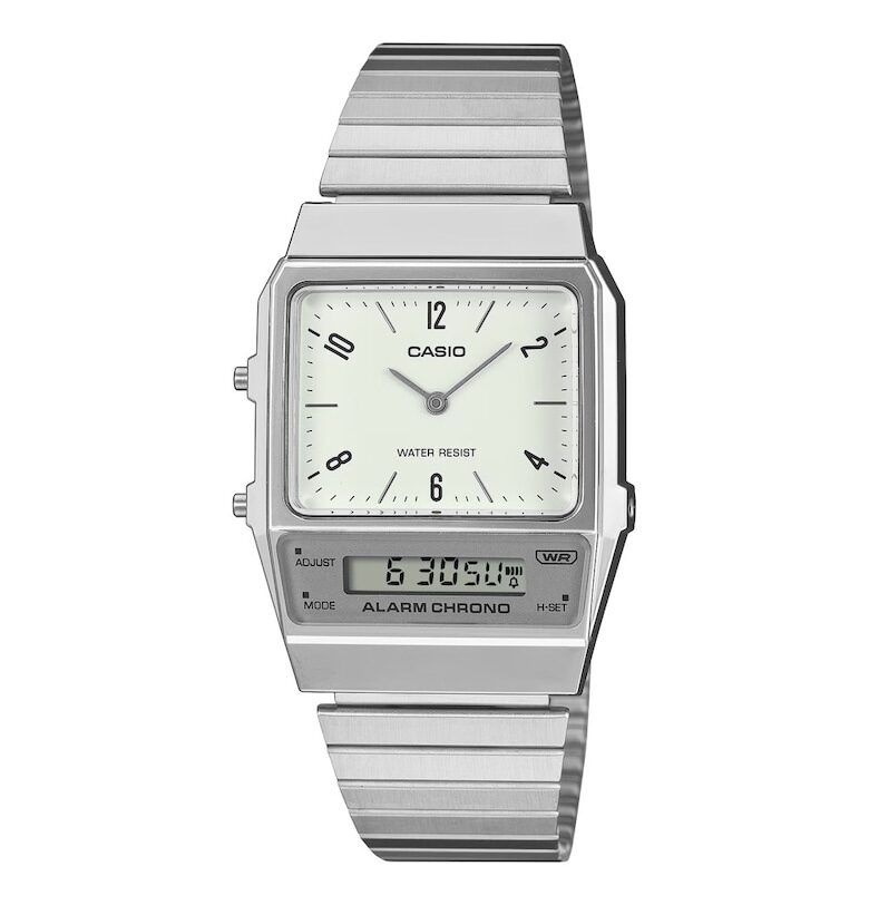Дамски часовник  Vintage AQ-800E-7A2 - 32мм - сребрист - пластмасова каишка - функции: аларма - хронограф - дата - часови зони Casio