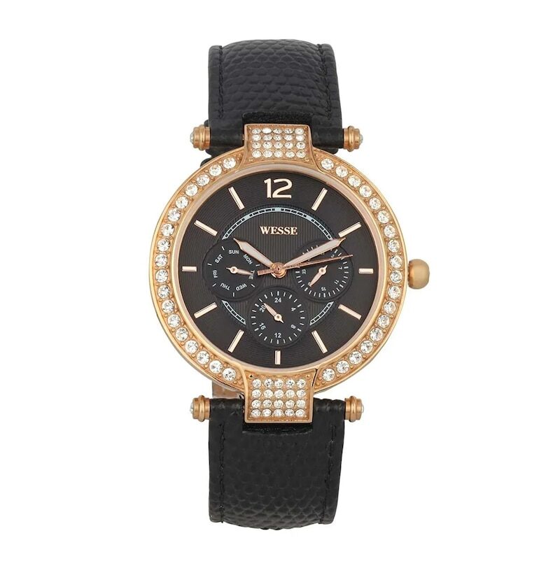 Дамски часовник  WWL100307 - черна каишка от екологична кожа - златна стоманена кутия - водоустойчивост 5 ATM - диаметър 38x38 мм Wesse