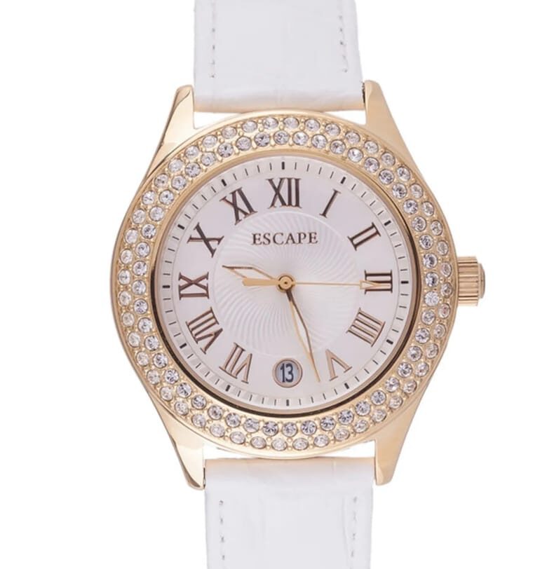 Дамски часовник  бяла каишка от екологична кожа - златна стоманена кутия - 40 мм - водоустойчивост 5 ATM Escape