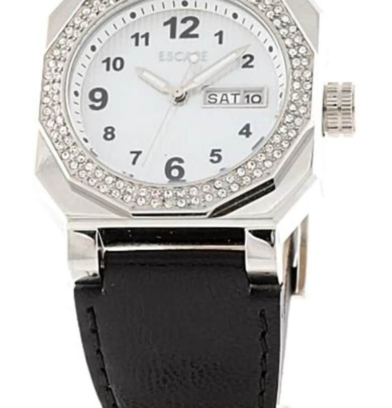 Дамски часовник  каишка от екологична кожа - стоманен корпус - 36 мм - сребрист/черен - водоустойчив 5 ATM Escape