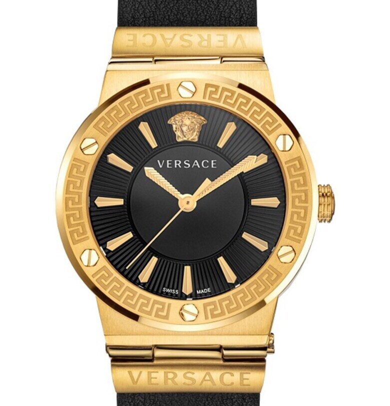 Дамски часовник  модел Greca Logo - неръждаема стомана/кожа - 38мм - водоустойчив на 5 ATM - черен/златист Versace