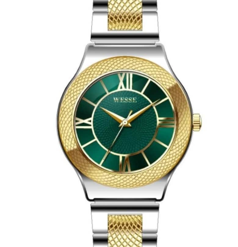 Дамски часовник  модел WWL111306 - кръгъл корпус 32мм - стоманена каишка - златист/сребрист - зелен циферблат - водоустойчивост 5 ATM Wesse