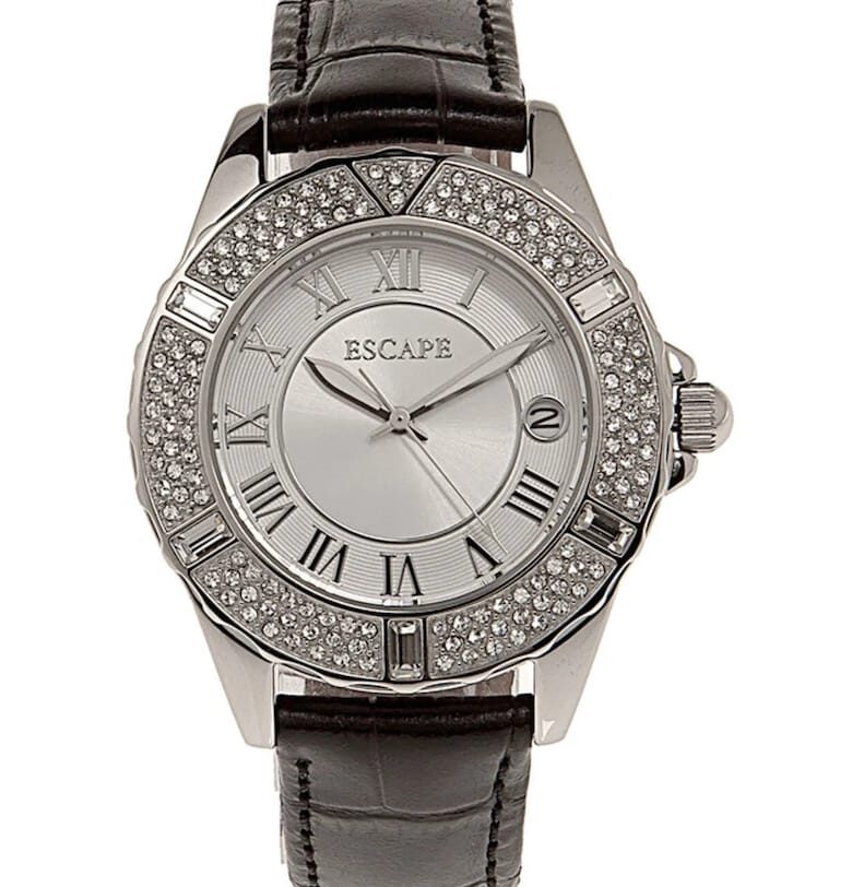 Дамски часовник  черна каишка от екологична кожа - сребрист стоманен корпус - 34мм - водоустойчивост 5 ATM Escape