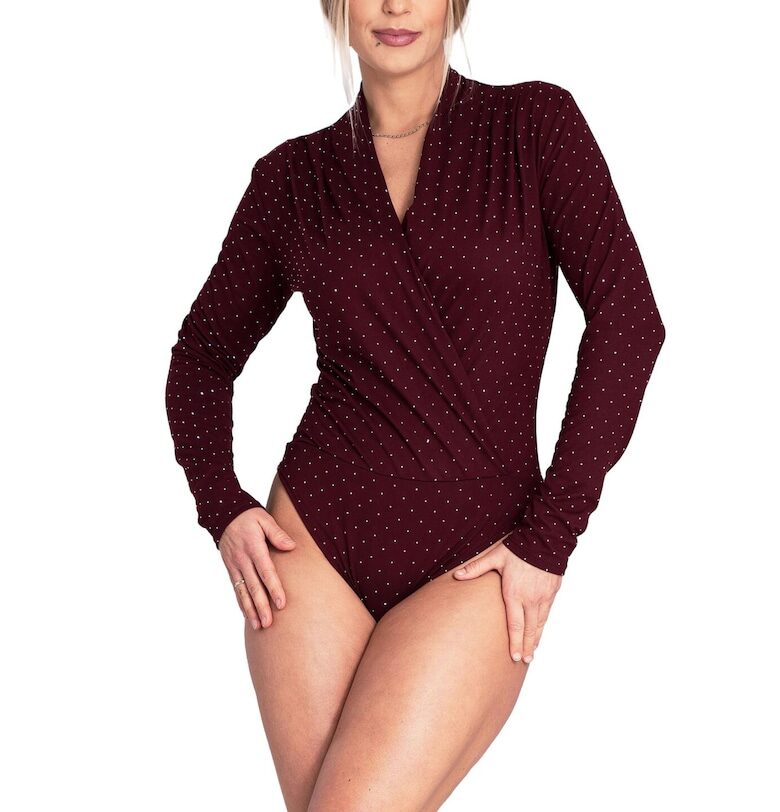 Дамско боди  бордо - с кристали - дълъг ръкав - полиестер/еластан - SM Figl