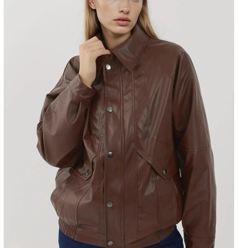 Дамско извънгабаритно яке -  от екологична кожа - с джобове - цвят бордо HiCCUP