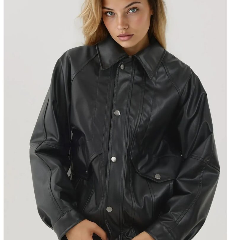 Дамско извънгабаритно яке  от екологична кожа - с джобове - черно HiCCUP