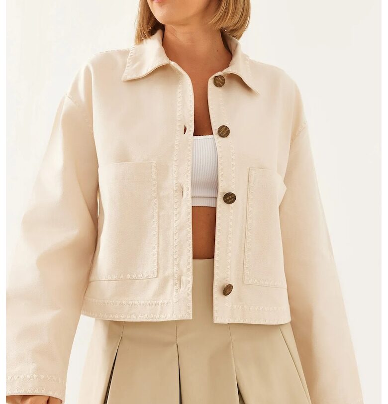 Дамско късо яке - бродирана екокожа -  бежово HiCCUP