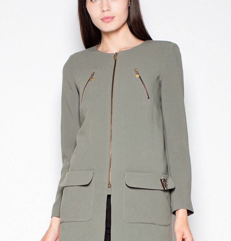 Дамско палто  права кройка - цип - декоративни джобове - зелено - полиестер Venaton