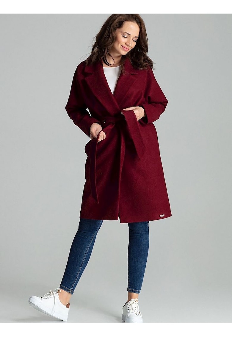 Дамско палто право - кестеняво кафяво - широки ревери - декориран колан - полиестер Lenitif