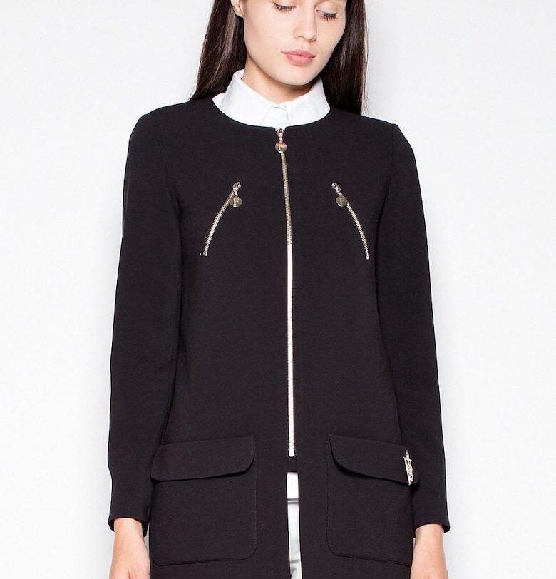 Дамско палто  черно - права кройка - цип - декоративни джобове - материал полиестер - Venaton