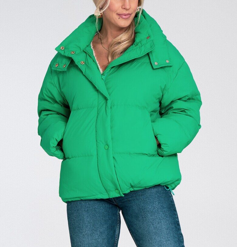 Дамско яке -  зелено - уголемено - с качулка - от синтетичен пух Figl