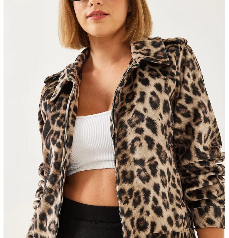 Дамско яке - с цип и леопардов принт -  полиестер - HiCCUP
