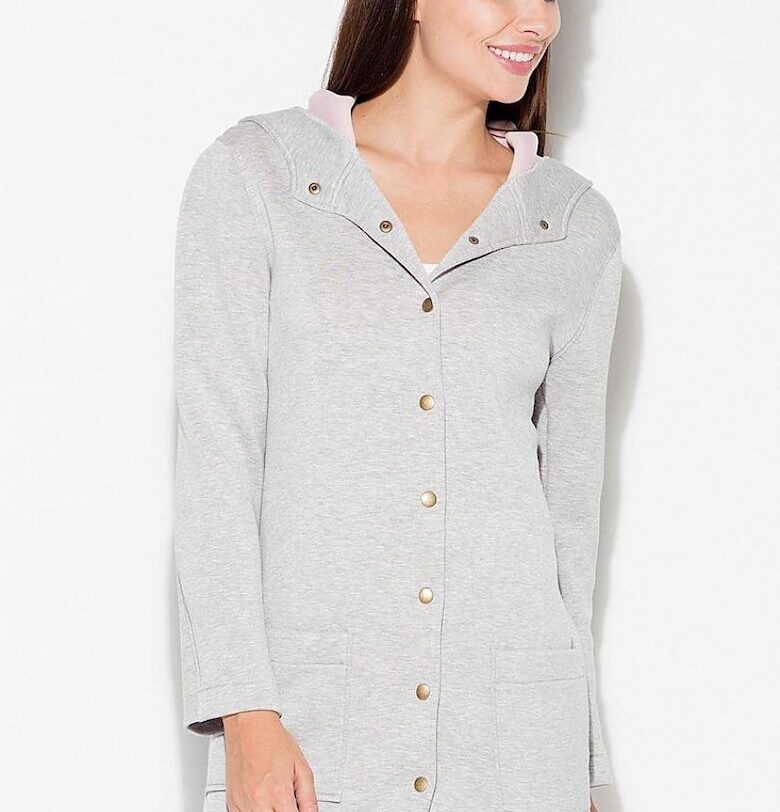 Дамско яке  сиво с качулка и големи джобове от полиестер KATRUS