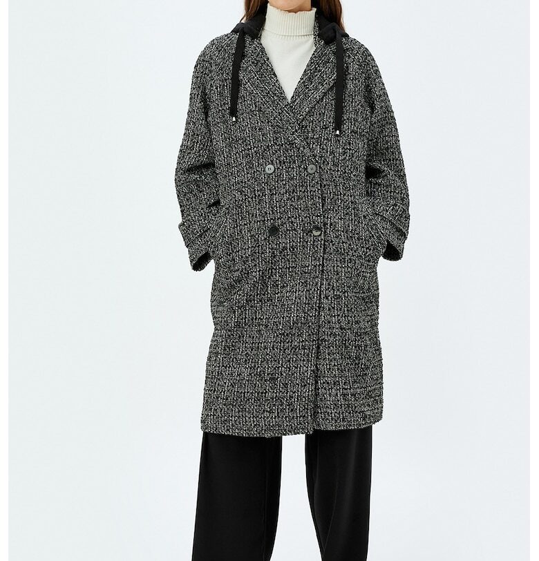 Двуредно палто с качулка - Бял/Черен KOTON