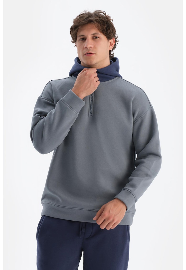 Двуцветно худи с къс цип - Пепеляво сиво/Тъмносин DAGI