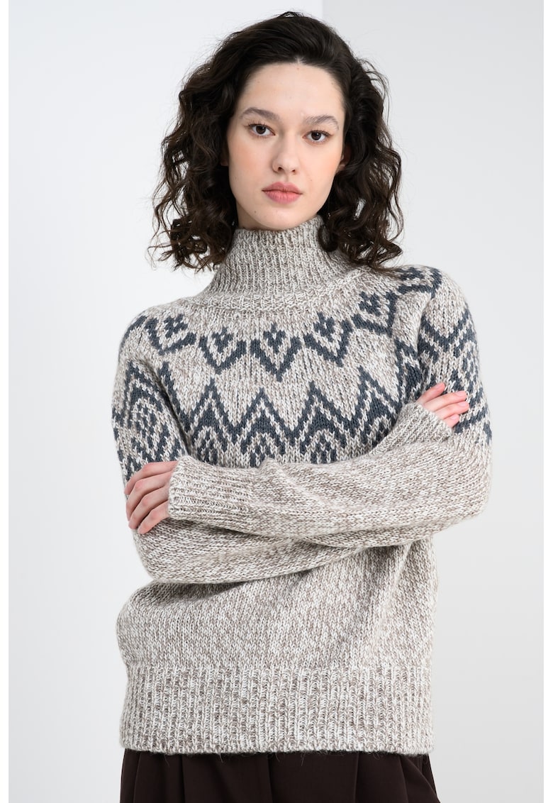 Десениран пуловер с висока яка - Бял/Кафяв/Tъмносив Stefanel