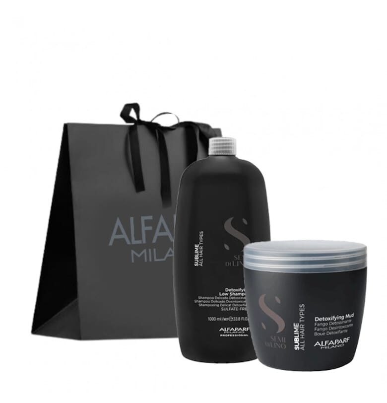 Детоксикиращ пакет за всички типове коса  Milano Semi Di Lino Sublime Detoxifying Mud - Шампоан - 1000 мл + Маска - 500 мл Alfaparf