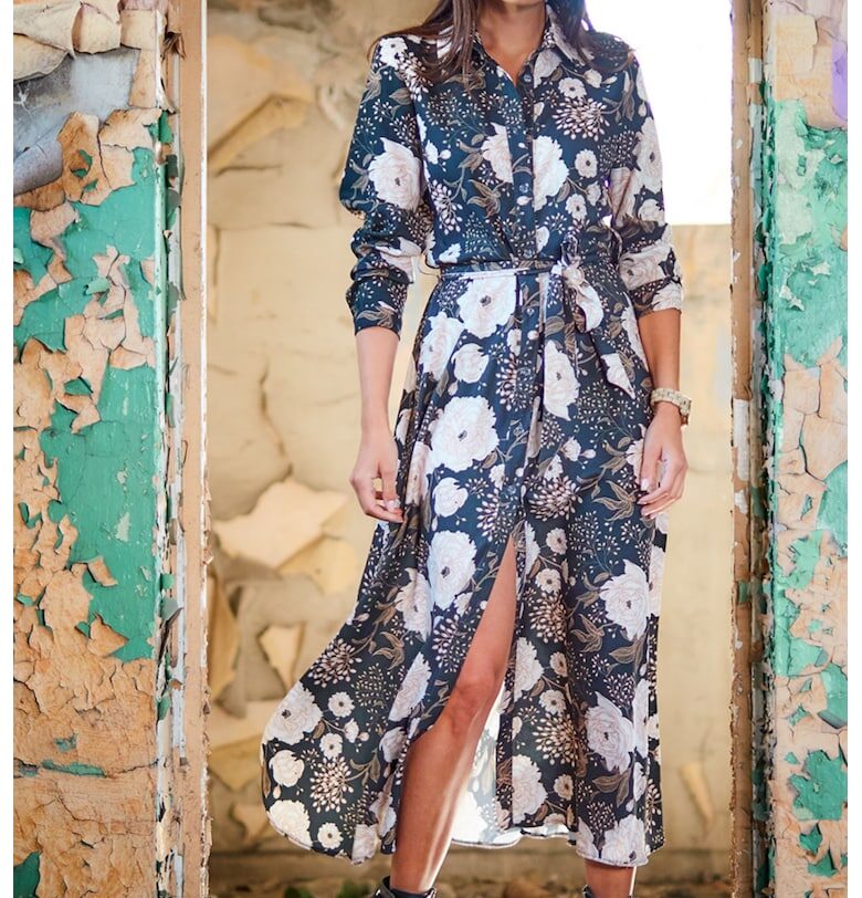 Дълга Рокля с Флорални Мотиви и Дълъг Ръкав - Принт A324 awama