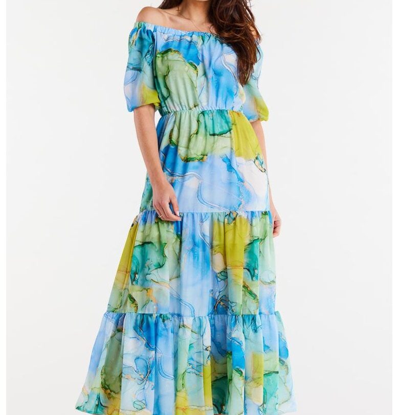 Дълга Рокля с Флорални Мотиви и Къс Ръкав A504 awama