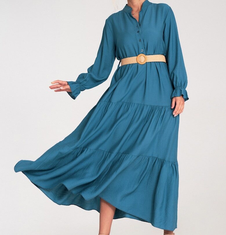 Дълга ежедневна рокля  с волани - синя - лека материя - един размер Figl