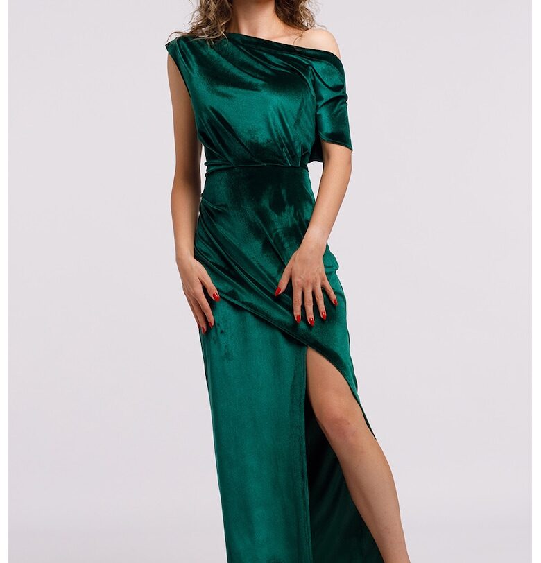 Дълга кадифена рокля с едно рамо и цепка CAMISSI