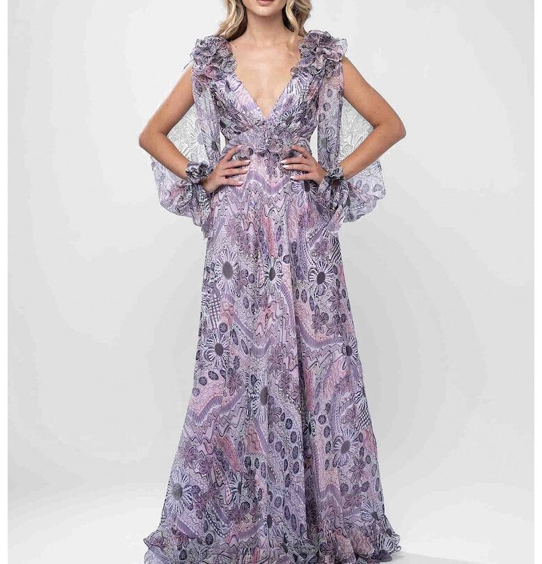 Дълга копринена рокля с принт и драматични къдрици Monarh design